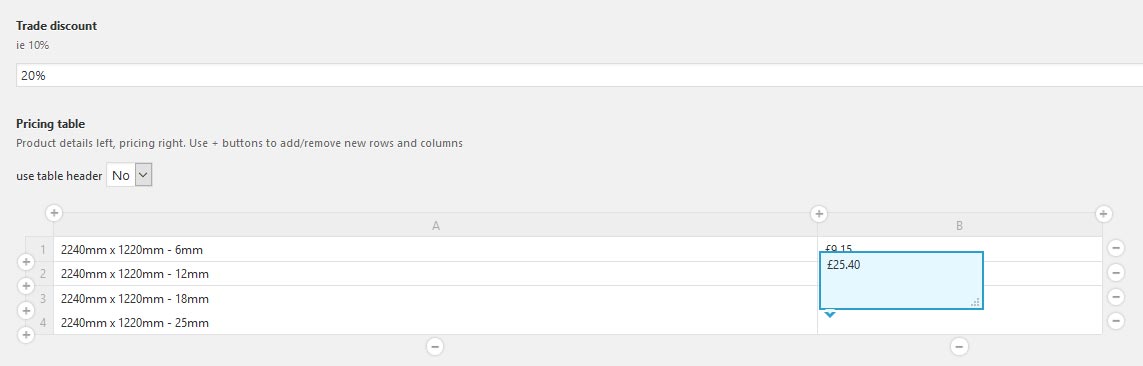 pricing table